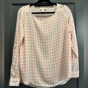 Loft long sleeve coral and white plaid blouse